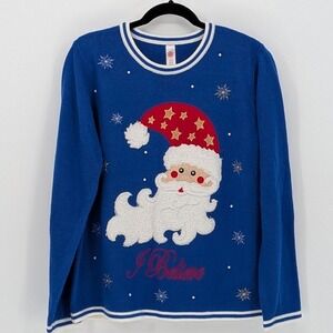 Santa Claus‎ Large Blue Red Gold White Christmas I Believe Santa Ringer Sweater